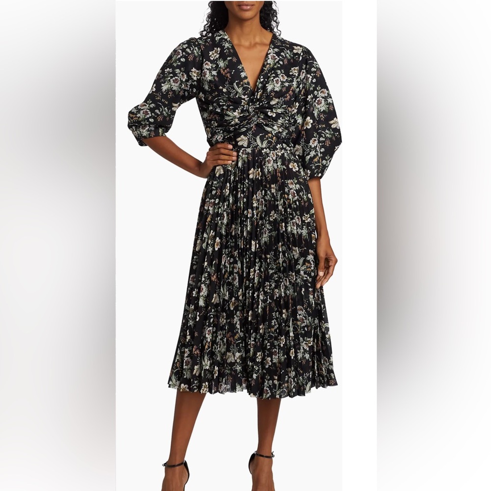 ELIE TAHARI $495 Floral Twist Front Midi Dress